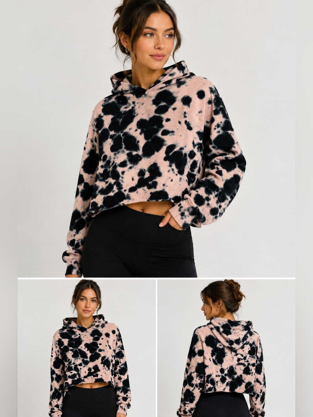 525 America XS Pink Black Tie Dye Cropped Hoodie Sweatshirt NWT